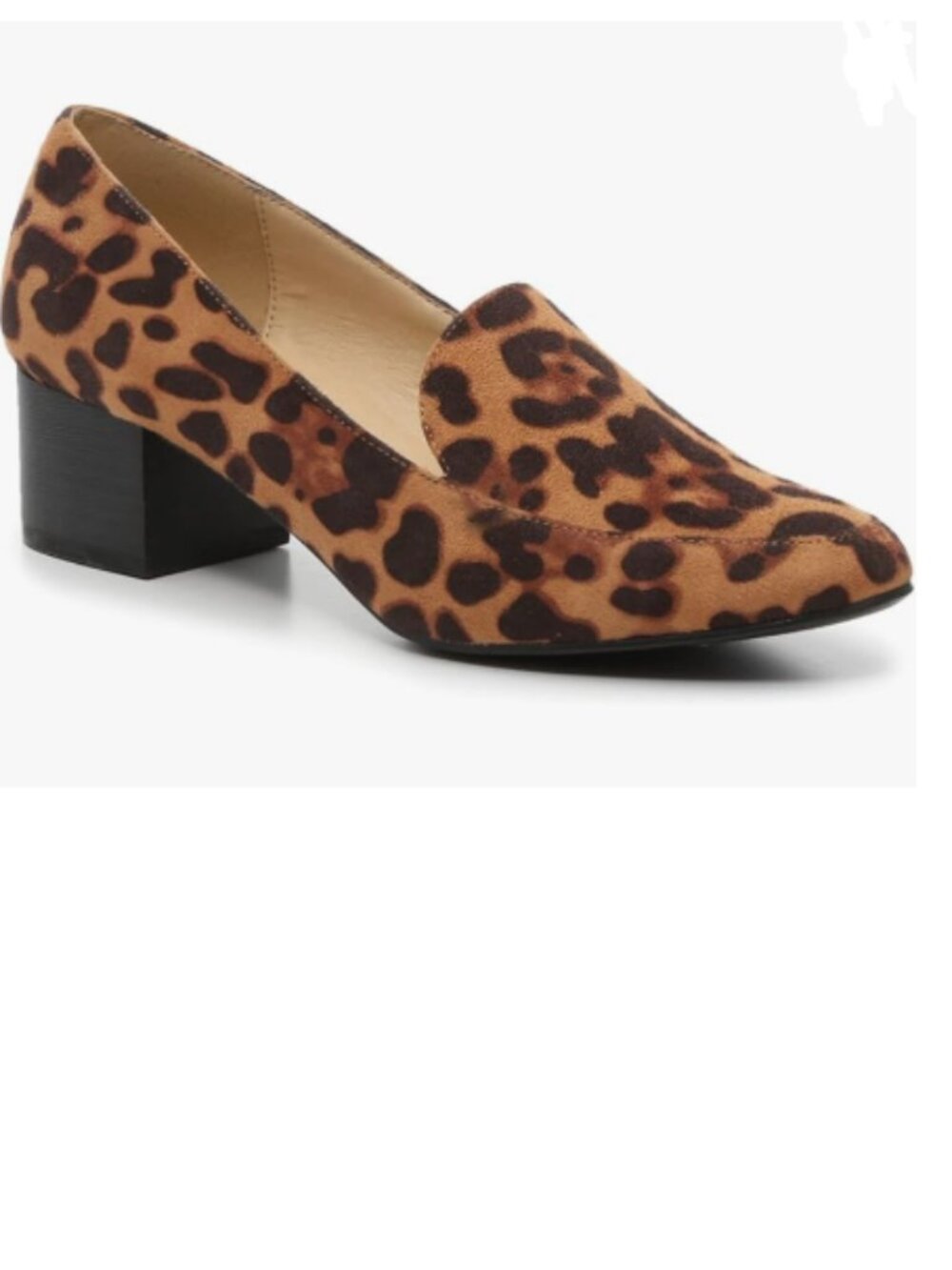 FOWT Brown Leopard Print Suede Slip On Side V Cut Almond Toe Chunky Heel Loafers